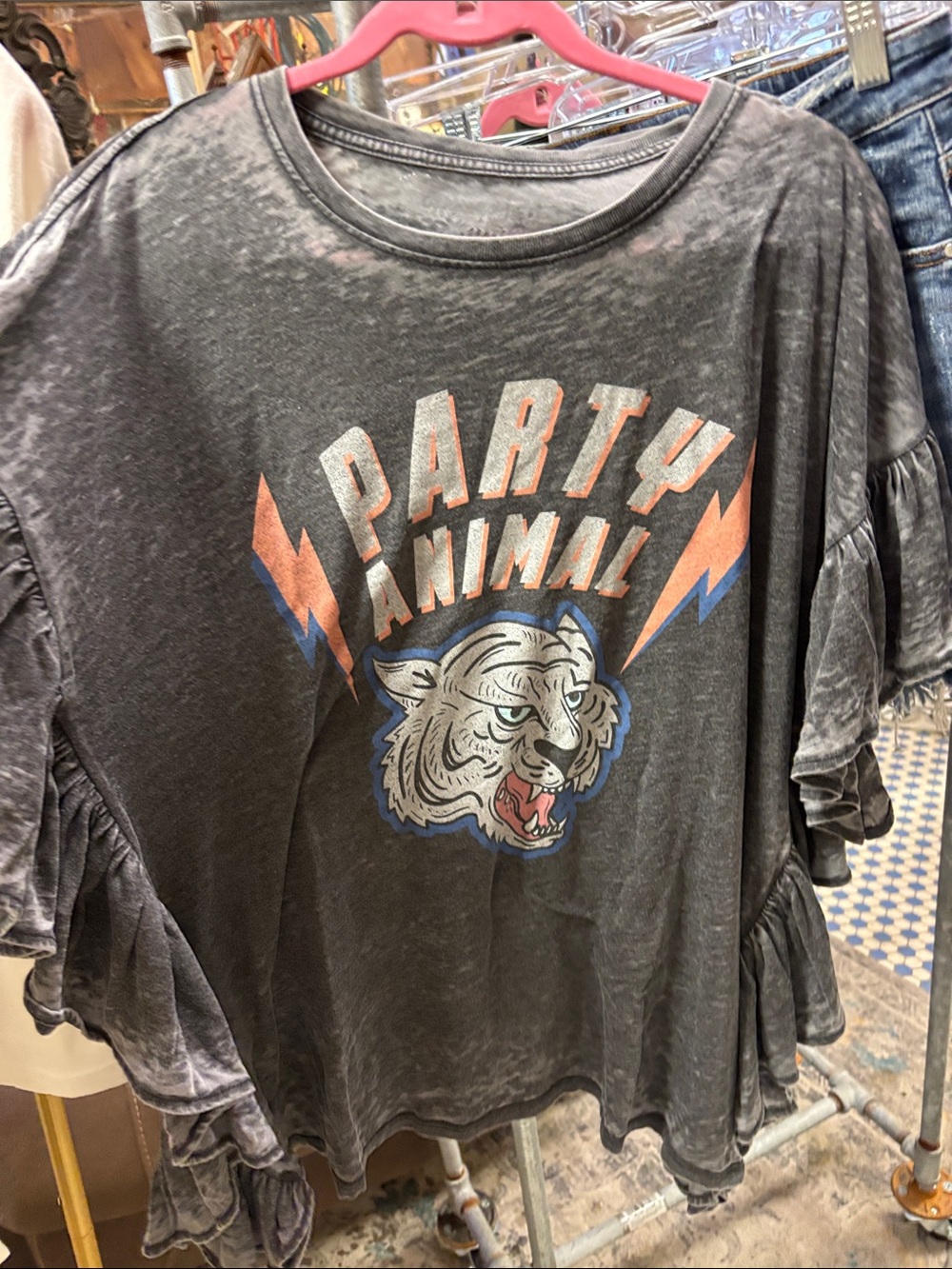 kanna Gray 'Party Animal' Tiger Graphic Tee with Ruffle Sleeves